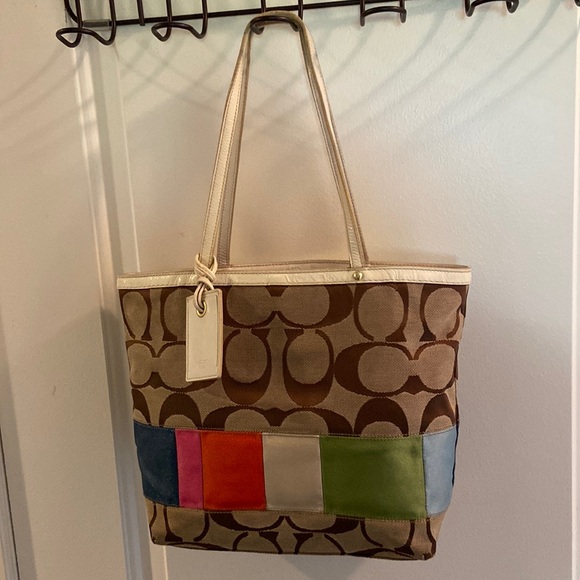 Coach Handbags - Coach Color-Block Tan & Brown Signature Tote Handbag White Leather 10859…